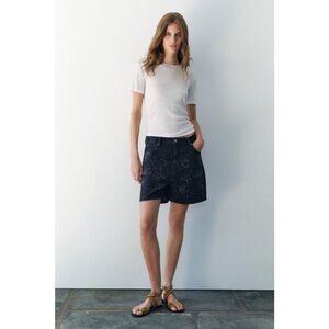 NWT Zara dark blue wash mid rise Bermuda relaxed fit denim shorts with sparkles